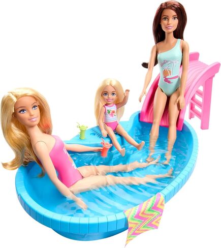 Barbie Doll and Pool Playset, Brunette in Seafoam Blue One-Piece Swimsuit with Pool, Slide, Towel and Drink Accessories in Saudi Arabia