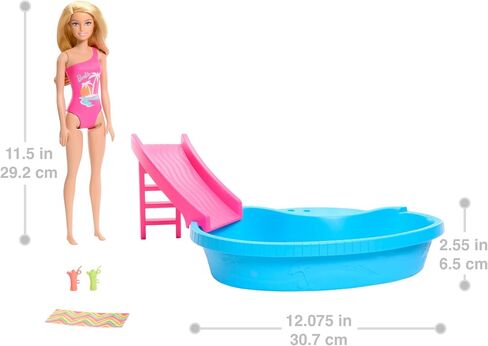 Barbie Doll and Pool Playset, Brunette in Seafoam Blue One-Piece Swimsuit with Pool, Slide, Towel and Drink Accessories in Saudi Arabia