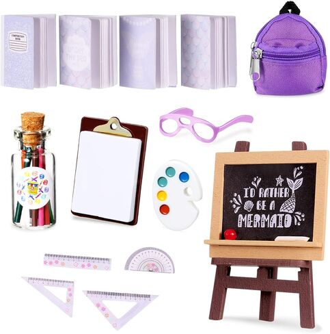 شالينا 14 قطعة من اللوازم المدرسية للدمى الصغيرة لدمية مقاس 11.5 انش، تتضمن شنطة ظهر صغيرة ونظارات وسبورة وكتب صغيرة وورق مشبك وقلم رصاص ومساطر واكسسوارات دمى (تصميم لطيف) in Kuwait