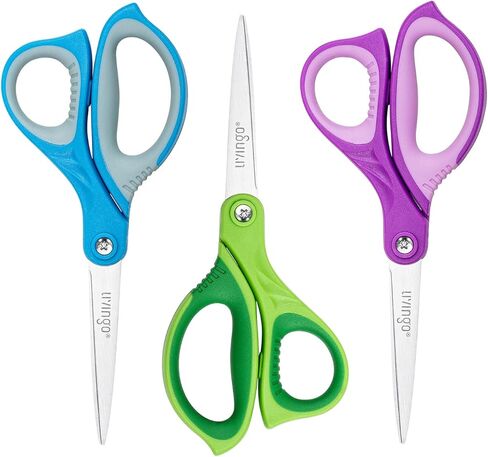 LIVINGO 7" Student Scissors, Sharp Stainless Steel Pointed Tip Blades Shears for Middle School Kids Crafting Project, Comfort Right/Left-handed, Assorted Color, 3 Pack in Kuwait