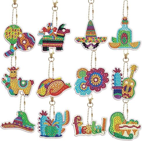 yalkin 12pcs جنوم الماس اللوحة المفاتيح، 5D DIY مجموعات الفن الماس للأطفال والكبار، على شكل خاص الحفر الكامل الماس حلقة رئيسية مجموعة مجموعات قلادة الماس لحقيبة الظهر حقيبة الكتف الملحقات in Kuwait