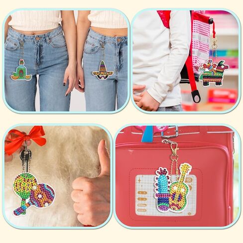 yalkin 12pcs جنوم الماس اللوحة المفاتيح، 5D DIY مجموعات الفن الماس للأطفال والكبار، على شكل خاص الحفر الكامل الماس حلقة رئيسية مجموعة مجموعات قلادة الماس لحقيبة الظهر حقيبة الكتف الملحقات in Kuwait