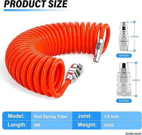 TAILONZ PNEUMATIC 1/4 Inch Red Pneumatic Spring Tube Air Compressor Accessories Polyurethane Air Pipe Air Pressure Hose Spring Tube Air Pressure Hose Expansion Spring Rube Spiral Tube 9 Meter 29.5Ft in Saudi Arabia
