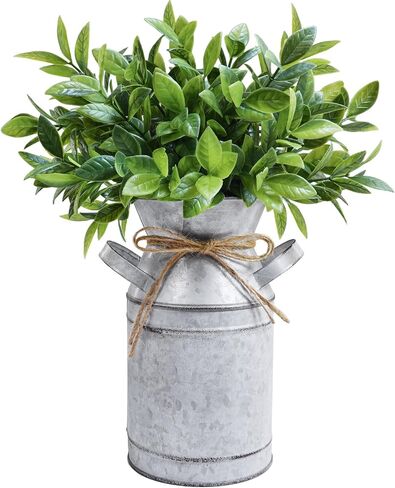 Winlyn Metal Milk Can Vase with Artificial Boxwood Faux Greenery Arrangement Farmhouse Centerpiece Shabby Chic Vintage Galvanized Milk Can Centerpiece 12" Tall Table Tiered Tray Shelf Country Décor in Saudi Arabia