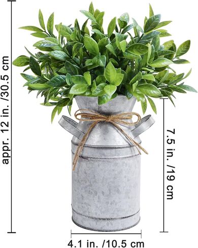 Winlyn Metal Milk Can Vase with Artificial Boxwood Faux Greenery Arrangement Farmhouse Centerpiece Shabby Chic Vintage Galvanized Milk Can Centerpiece 12" Tall Table Tiered Tray Shelf Country Décor in Saudi Arabia