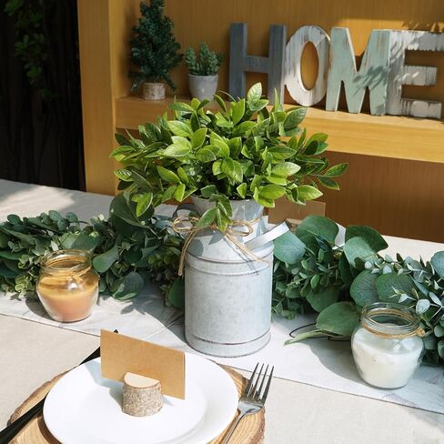 Winlyn Metal Milk Can Vase with Artificial Boxwood Faux Greenery Arrangement Farmhouse Centerpiece Shabby Chic Vintage Galvanized Milk Can Centerpiece 12" Tall Table Tiered Tray Shelf Country Décor in Saudi Arabia