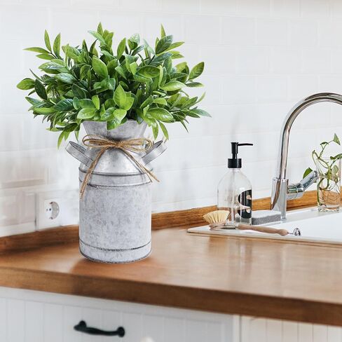 Winlyn Metal Milk Can Vase with Artificial Boxwood Faux Greenery Arrangement Farmhouse Centerpiece Shabby Chic Vintage Galvanized Milk Can Centerpiece 12" Tall Table Tiered Tray Shelf Country Décor in Saudi Arabia