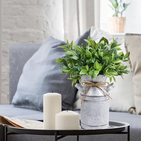 Winlyn Metal Milk Can Vase with Artificial Boxwood Faux Greenery Arrangement Farmhouse Centerpiece Shabby Chic Vintage Galvanized Milk Can Centerpiece 12" Tall Table Tiered Tray Shelf Country Décor in Saudi Arabia