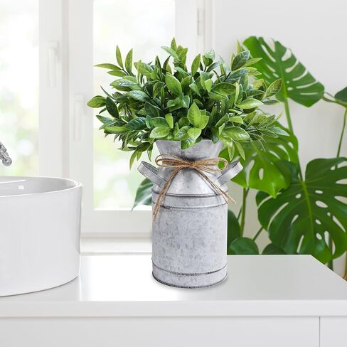 Winlyn Metal Milk Can Vase with Artificial Boxwood Faux Greenery Arrangement Farmhouse Centerpiece Shabby Chic Vintage Galvanized Milk Can Centerpiece 12" Tall Table Tiered Tray Shelf Country Décor in Saudi Arabia