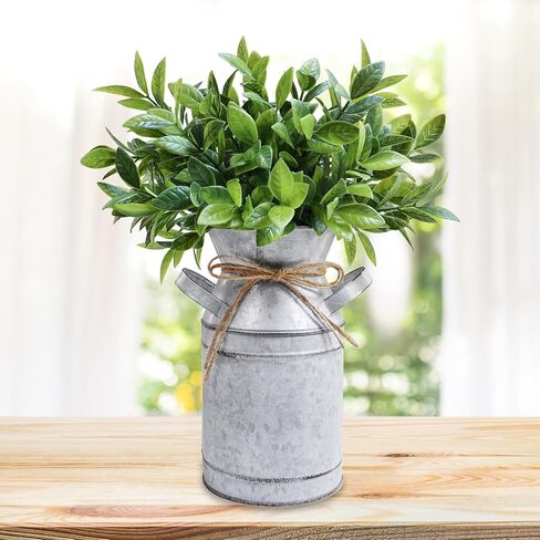 Winlyn Metal Milk Can Vase with Artificial Boxwood Faux Greenery Arrangement Farmhouse Centerpiece Shabby Chic Vintage Galvanized Milk Can Centerpiece 12" Tall Table Tiered Tray Shelf Country Décor in Saudi Arabia