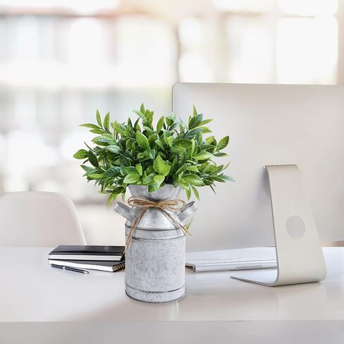 Winlyn Metal Milk Can Vase with Artificial Boxwood Faux Greenery Arrangement Farmhouse Centerpiece Shabby Chic Vintage Galvanized Milk Can Centerpiece 12" Tall Table Tiered Tray Shelf Country Décor in Saudi Arabia