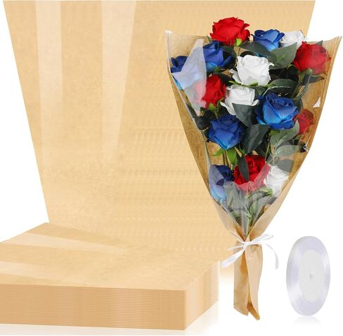 KIMOBER 50PCS Flower Bouquet Bag,Clear Cellophane Floral Bouquet Sleeve Flower Wrapping Paper Bag with Ribbon for Flower Craft Birhtday Wedding Valentine's Day Mother's Day (24.8 * 8.7 Inches) in Kuwait