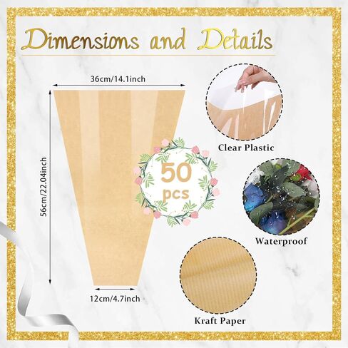 KIMOBER 50PCS Flower Bouquet Bag,Clear Cellophane Floral Bouquet Sleeve Flower Wrapping Paper Bag with Ribbon for Flower Craft Birhtday Wedding Valentine's Day Mother's Day (24.8 * 8.7 Inches) in Kuwait
