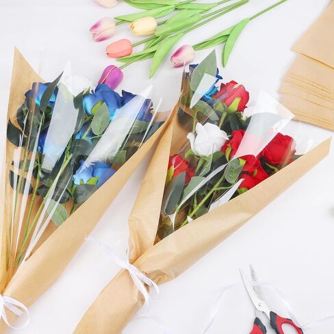 KIMOBER 50PCS Flower Bouquet Bag,Clear Cellophane Floral Bouquet Sleeve Flower Wrapping Paper Bag with Ribbon for Flower Craft Birhtday Wedding Valentine's Day Mother's Day (24.8 * 8.7 Inches) in Kuwait