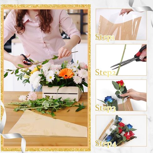 KIMOBER 50PCS Flower Bouquet Bag,Clear Cellophane Floral Bouquet Sleeve Flower Wrapping Paper Bag with Ribbon for Flower Craft Birhtday Wedding Valentine's Day Mother's Day (24.8 * 8.7 Inches) in Kuwait