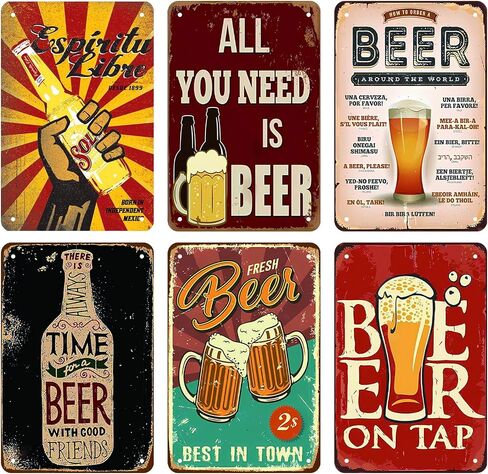 Vintage Metal Beer Tin Sign [6 Pcs] Funny Vintage Bar Accessories Unique Bar Wall Decor Garage Man Cave Restaurant Kitchen Home Art Wall Decoration Plaque 12 X 8 Inches in Kuwait