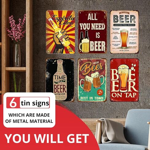 Vintage Metal Beer Tin Sign [6 Pcs] Funny Vintage Bar Accessories Unique Bar Wall Decor Garage Man Cave Restaurant Kitchen Home Art Wall Decoration Plaque 12 X 8 Inches in Kuwait