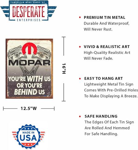 Desperate Enterprises Mopar - Behind Us Tin Sign - Nostalgic Vintage Metal Wall Décor - Made in USA in Saudi Arabia