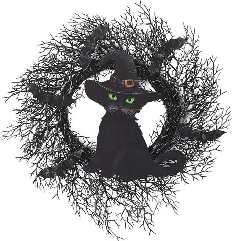 20 بوصة إكليل الهالوين الأسود مع الخفافيش إكليل الهالوين القط الديكور مع خطاف إكليل باب الهالوين للباب الأمامي ديكور الهالوين داخلي وخارجي ديكور المنزل والحفلات الجدارية in Kuwait