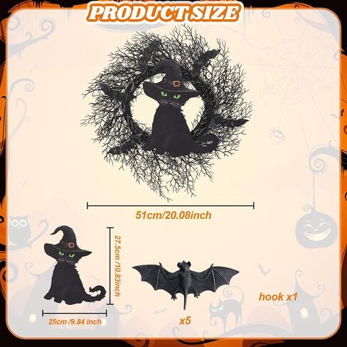 20 بوصة إكليل الهالوين الأسود مع الخفافيش إكليل الهالوين القط الديكور مع خطاف إكليل باب الهالوين للباب الأمامي ديكور الهالوين داخلي وخارجي ديكور المنزل والحفلات الجدارية in Kuwait
