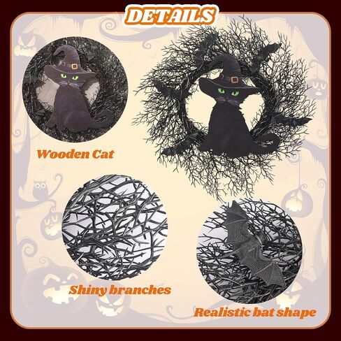 20 بوصة إكليل الهالوين الأسود مع الخفافيش إكليل الهالوين القط الديكور مع خطاف إكليل باب الهالوين للباب الأمامي ديكور الهالوين داخلي وخارجي ديكور المنزل والحفلات الجدارية in Kuwait