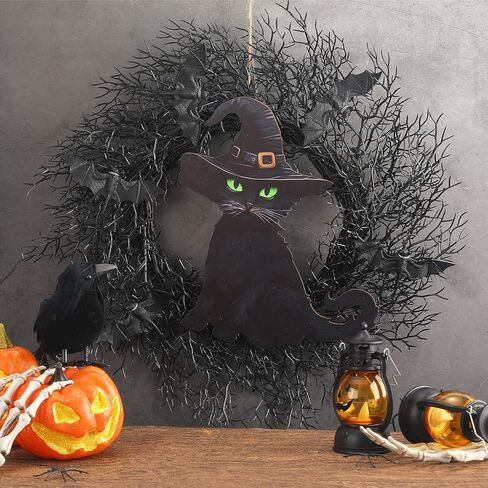20 بوصة إكليل الهالوين الأسود مع الخفافيش إكليل الهالوين القط الديكور مع خطاف إكليل باب الهالوين للباب الأمامي ديكور الهالوين داخلي وخارجي ديكور المنزل والحفلات الجدارية in Kuwait