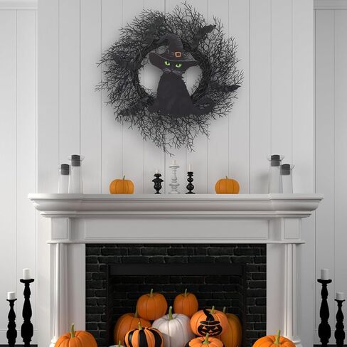 20 بوصة إكليل الهالوين الأسود مع الخفافيش إكليل الهالوين القط الديكور مع خطاف إكليل باب الهالوين للباب الأمامي ديكور الهالوين داخلي وخارجي ديكور المنزل والحفلات الجدارية in Kuwait