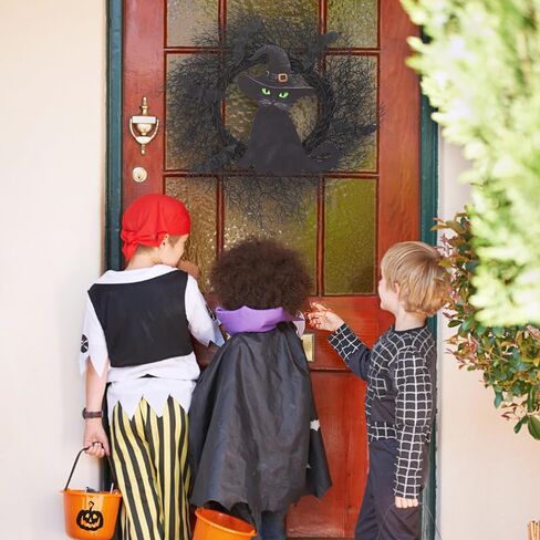 20 بوصة إكليل الهالوين الأسود مع الخفافيش إكليل الهالوين القط الديكور مع خطاف إكليل باب الهالوين للباب الأمامي ديكور الهالوين داخلي وخارجي ديكور المنزل والحفلات الجدارية in Kuwait