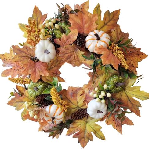 WANNA-CUL 18 Inch Fall Wreath for Front Door with White Green Pumpkins and Maple Leaves for Table Centerpieces-Fall Decoration for Home- Fall Decor Door Wreath for Autumn,Harvest or Thanksgiving in Saudi Arabia