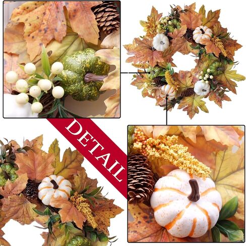 WANNA-CUL 18 Inch Fall Wreath for Front Door with White Green Pumpkins and Maple Leaves for Table Centerpieces-Fall Decoration for Home- Fall Decor Door Wreath for Autumn,Harvest or Thanksgiving in Saudi Arabia