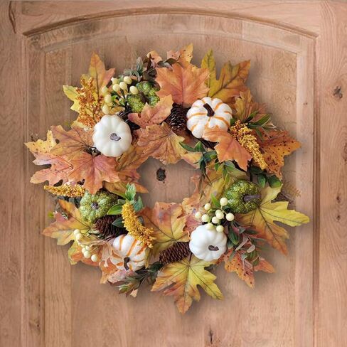 WANNA-CUL 18 Inch Fall Wreath for Front Door with White Green Pumpkins and Maple Leaves for Table Centerpieces-Fall Decoration for Home- Fall Decor Door Wreath for Autumn,Harvest or Thanksgiving in Saudi Arabia