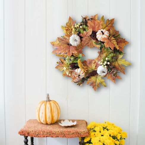 WANNA-CUL 18 Inch Fall Wreath for Front Door with White Green Pumpkins and Maple Leaves for Table Centerpieces-Fall Decoration for Home- Fall Decor Door Wreath for Autumn,Harvest or Thanksgiving in Saudi Arabia