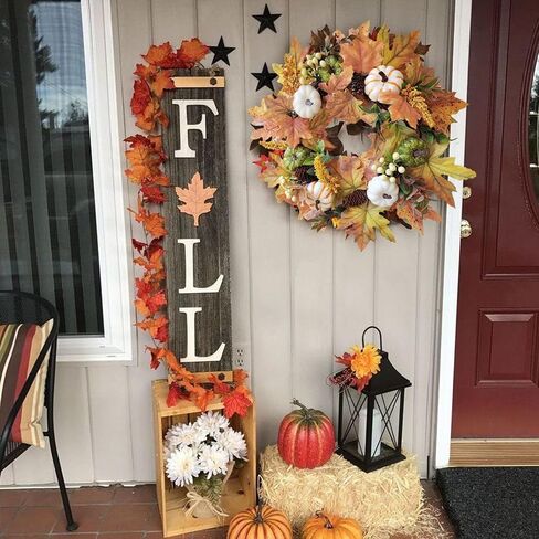 WANNA-CUL 18 Inch Fall Wreath for Front Door with White Green Pumpkins and Maple Leaves for Table Centerpieces-Fall Decoration for Home- Fall Decor Door Wreath for Autumn,Harvest or Thanksgiving in Saudi Arabia