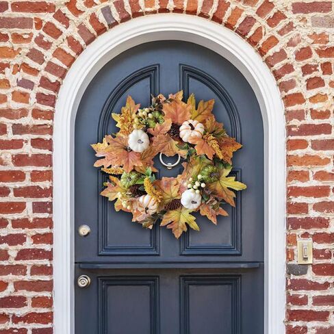 WANNA-CUL 18 Inch Fall Wreath for Front Door with White Green Pumpkins and Maple Leaves for Table Centerpieces-Fall Decoration for Home- Fall Decor Door Wreath for Autumn,Harvest or Thanksgiving in Saudi Arabia