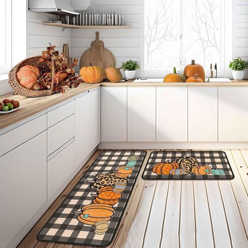 Fall Kitchen Rugs and Mats Set of 2, Thanksgiving Kitchen Rug Non Slip Backing Fall Decorations for Home Seasonal Farmhouse Fall Holiday Autumn Harvest Low-Profile Kitchen Floor Mat 17"X47"+17"X30" in Saudi Arabia