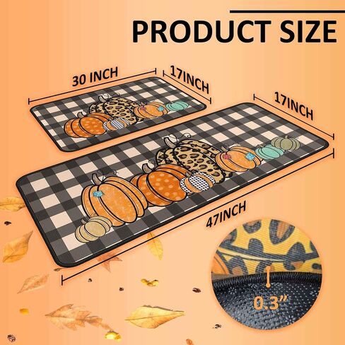 Fall Kitchen Rugs and Mats Set of 2, Thanksgiving Kitchen Rug Non Slip Backing Fall Decorations for Home Seasonal Farmhouse Fall Holiday Autumn Harvest Low-Profile Kitchen Floor Mat 17"X47"+17"X30" in Saudi Arabia