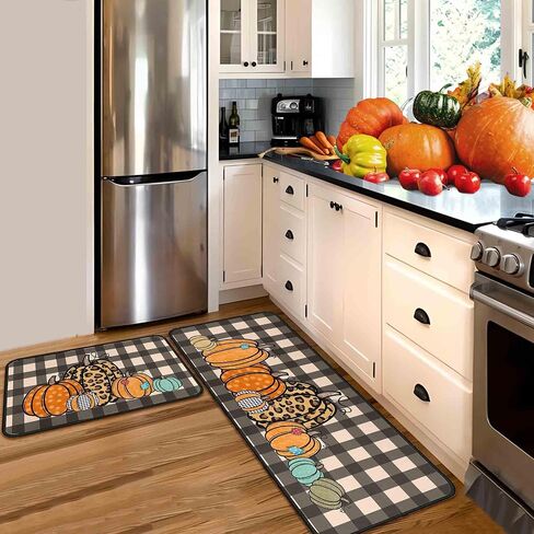 Fall Kitchen Rugs and Mats Set of 2, Thanksgiving Kitchen Rug Non Slip Backing Fall Decorations for Home Seasonal Farmhouse Fall Holiday Autumn Harvest Low-Profile Kitchen Floor Mat 17"X47"+17"X30" in Saudi Arabia