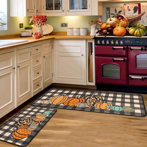 Fall Kitchen Rugs and Mats Set of 2, Thanksgiving Kitchen Rug Non Slip Backing Fall Decorations for Home Seasonal Farmhouse Fall Holiday Autumn Harvest Low-Profile Kitchen Floor Mat 17"X47"+17"X30" in Saudi Arabia