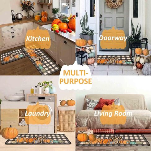 Fall Kitchen Rugs and Mats Set of 2, Thanksgiving Kitchen Rug Non Slip Backing Fall Decorations for Home Seasonal Farmhouse Fall Holiday Autumn Harvest Low-Profile Kitchen Floor Mat 17"X47"+17"X30" in Saudi Arabia