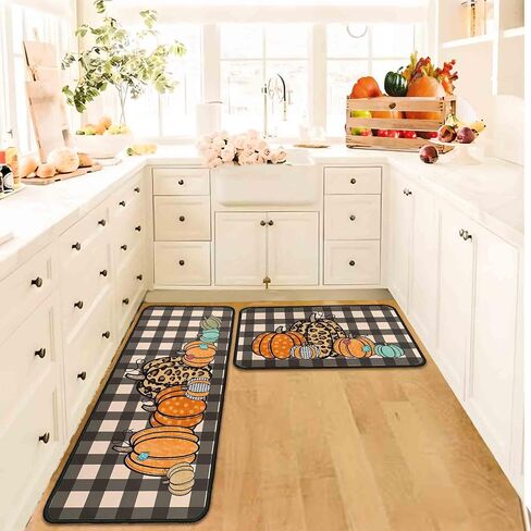 Fall Kitchen Rugs and Mats Set of 2, Thanksgiving Kitchen Rug Non Slip Backing Fall Decorations for Home Seasonal Farmhouse Fall Holiday Autumn Harvest Low-Profile Kitchen Floor Mat 17"X47"+17"X30" in Saudi Arabia
