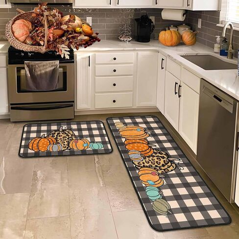 Fall Kitchen Rugs and Mats Set of 2, Thanksgiving Kitchen Rug Non Slip Backing Fall Decorations for Home Seasonal Farmhouse Fall Holiday Autumn Harvest Low-Profile Kitchen Floor Mat 17"X47"+17"X30" in Saudi Arabia