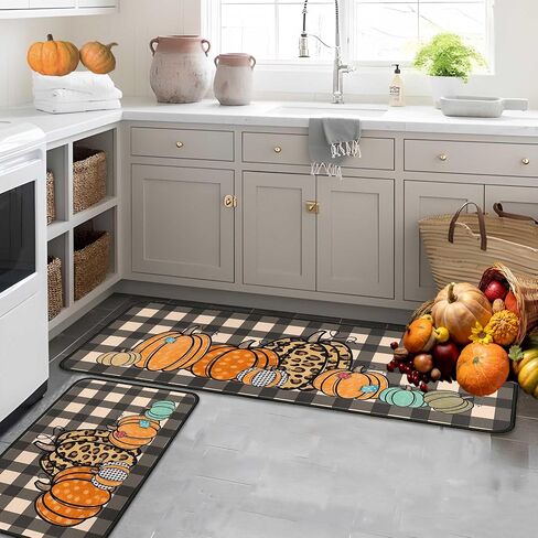 Fall Kitchen Rugs and Mats Set of 2, Thanksgiving Kitchen Rug Non Slip Backing Fall Decorations for Home Seasonal Farmhouse Fall Holiday Autumn Harvest Low-Profile Kitchen Floor Mat 17"X47"+17"X30" in Saudi Arabia