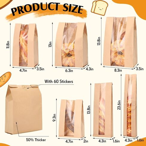 60 Pcs Bread Bags for Homemade Bread, Sourdough Paper Bread Bags with Window, 50% Thicker, Bakery Bags for Storage Bread Cookies and Snacks, Baked Loaf Gifting Bag Bonus Label Seal Stickers in Saudi Arabia