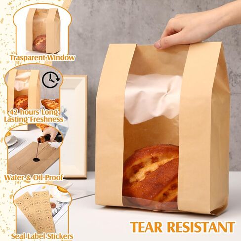 60 Pcs Bread Bags for Homemade Bread, Sourdough Paper Bread Bags with Window, 50% Thicker, Bakery Bags for Storage Bread Cookies and Snacks, Baked Loaf Gifting Bag Bonus Label Seal Stickers in Saudi Arabia