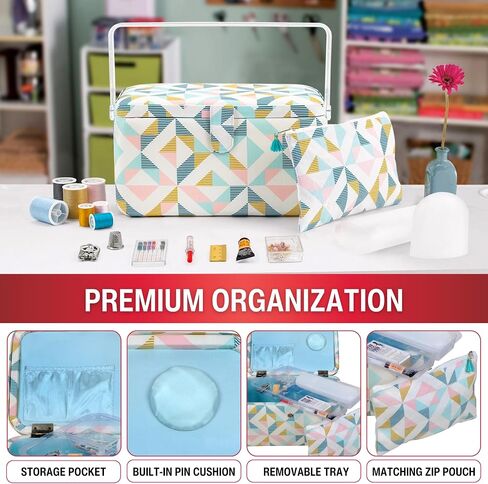 SINGER Large Premium Tackle Basket Pastel Flamingo Print with Emergency Travel Sewing Kit & Matching Zipper Pouch in Kuwait