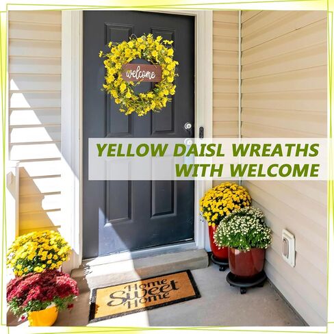 XunYee Yellow Daisy Wreath 20 Inch Spring Summer Wreath with Welcome Artificial Flower Wreath Hanging Wooden Welcome Sign for Front Door Window Wall Wedding Farmhouse Festival Decor in Saudi Arabia