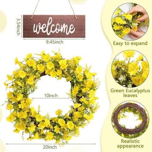 XunYee Yellow Daisy Wreath 20 Inch Spring Summer Wreath with Welcome Artificial Flower Wreath Hanging Wooden Welcome Sign for Front Door Window Wall Wedding Farmhouse Festival Decor in Saudi Arabia