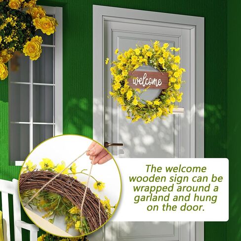 XunYee Yellow Daisy Wreath 20 Inch Spring Summer Wreath with Welcome Artificial Flower Wreath Hanging Wooden Welcome Sign for Front Door Window Wall Wedding Farmhouse Festival Decor in Saudi Arabia