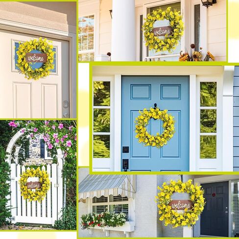 XunYee Yellow Daisy Wreath 20 Inch Spring Summer Wreath with Welcome Artificial Flower Wreath Hanging Wooden Welcome Sign for Front Door Window Wall Wedding Farmhouse Festival Decor in Saudi Arabia