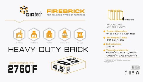 GIRtech USM-5 Heavy Duty Fire Brick 2760F Pack of 5 Fire Bricks for Construction and Internal Lining Domestic Heating Units Fireplaces, Steel Furnaces, Wood Stoves, Ceramics Kilns, Blacksmith Forge in Kuwait